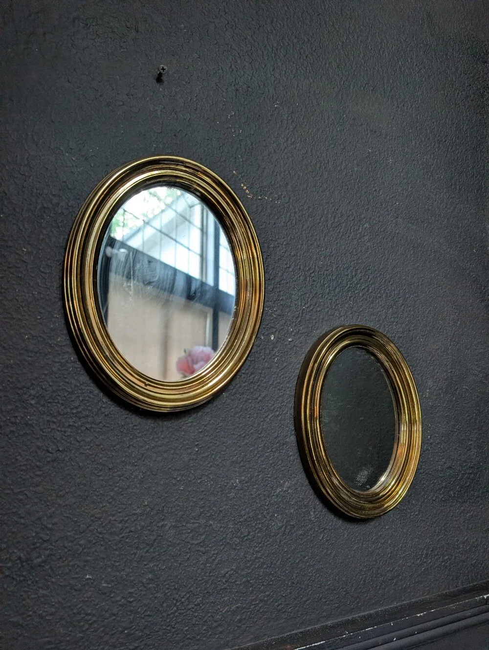 Vintage, set of 2,  MCM Polished Gold style Framed Oval Wall Mirrors decor
